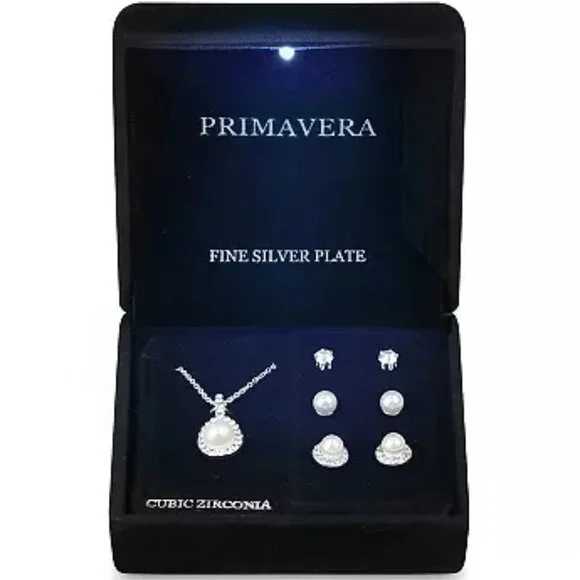 PRIMAVERA 4pc White Pearl/Clear CZ Silver Plated Necklace & Stud Earrings Set - Picture 3 of 3